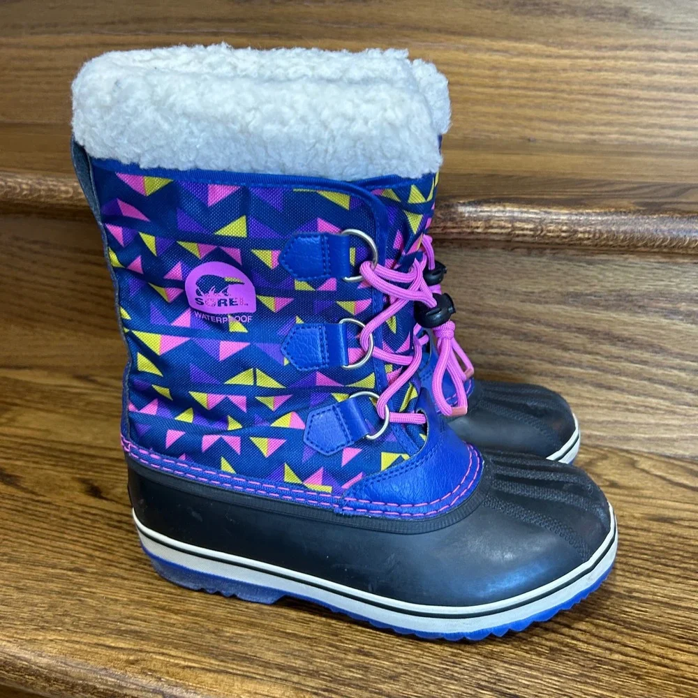 Sorel Winter Snow Boots Kids 5 Blue Pink‎ Waterproof Faux Fur Geometric